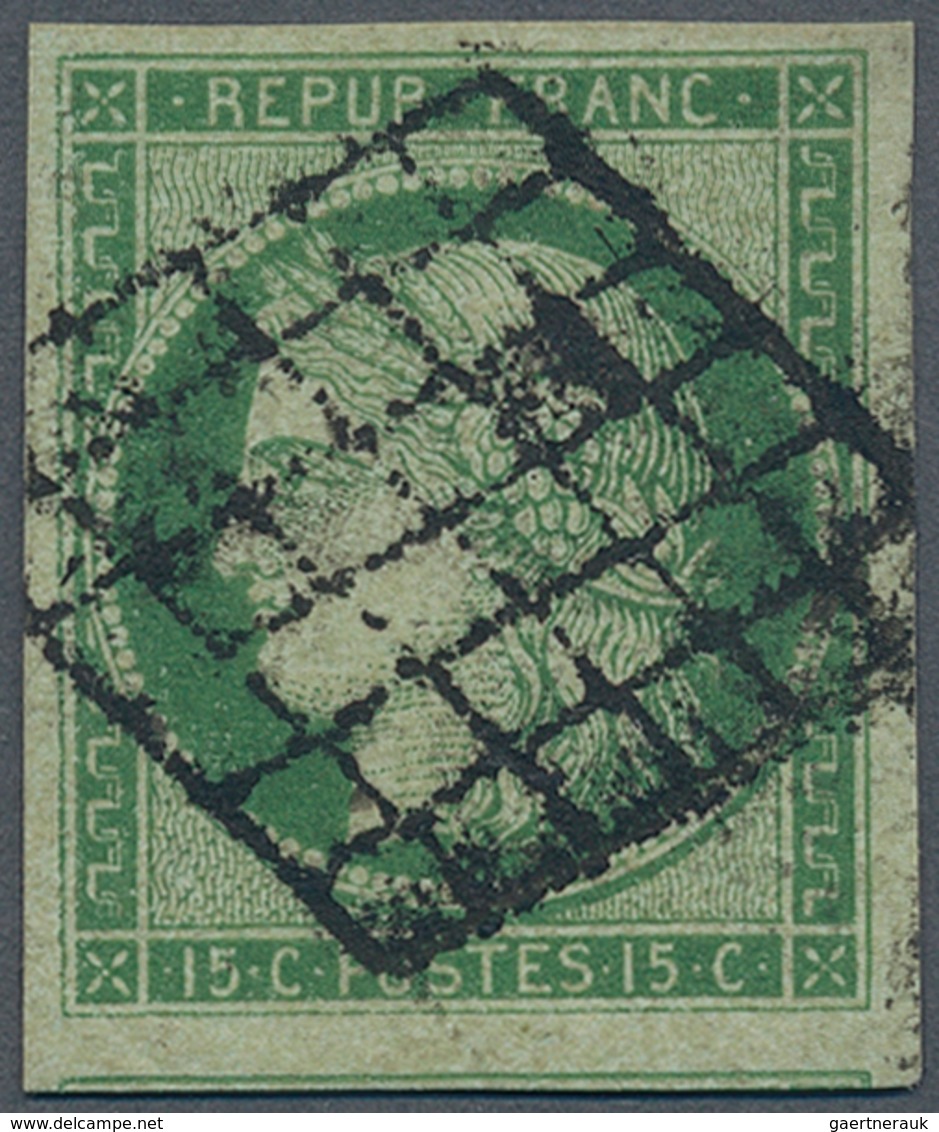 13555 Frankreich: 1850, 15 C. Green Ceres Imperf With Well Margins, Used With Grid Cancellation, Signed. M - Gebraucht