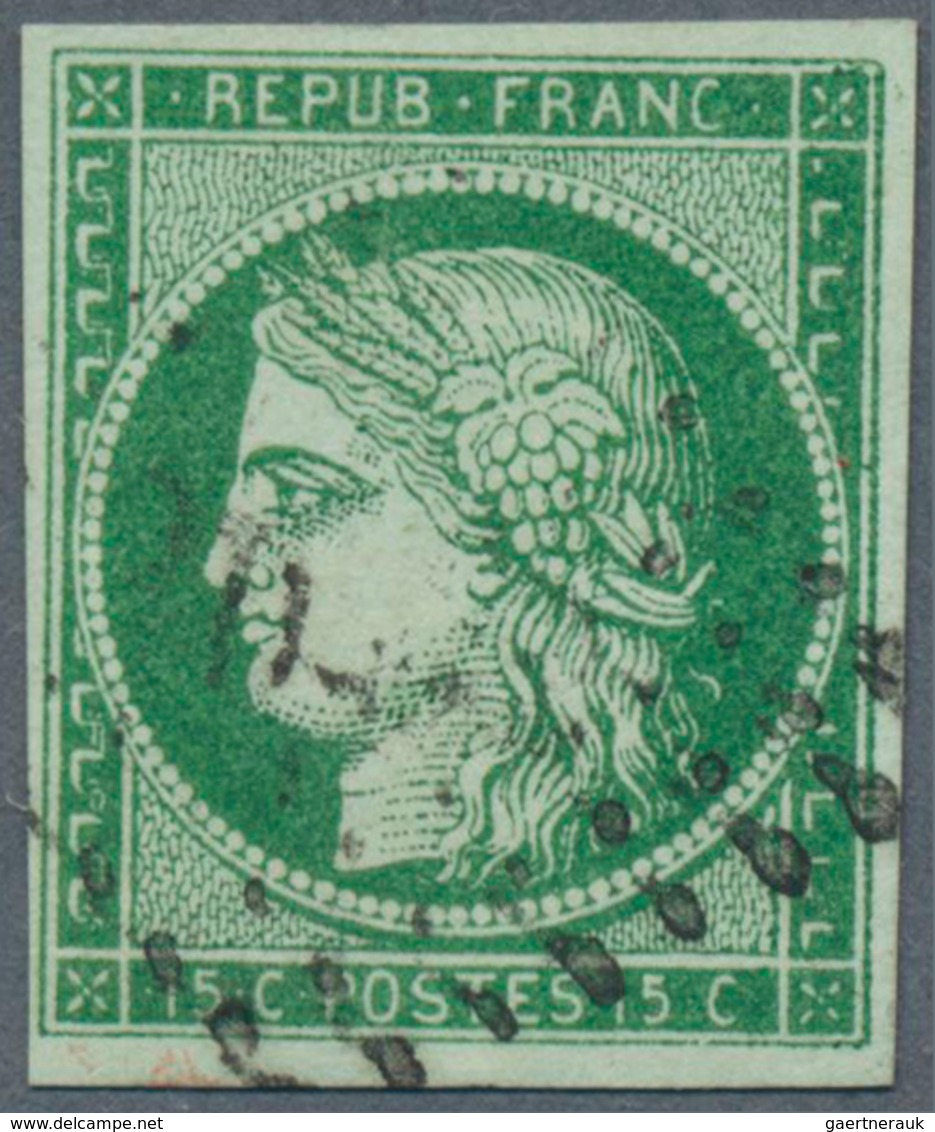 13556 Frankreich: 1850, 15 C. Green Ceres Imperf With Well Margins, Used With Grid Cancellation, Signed. S - Oblitérés