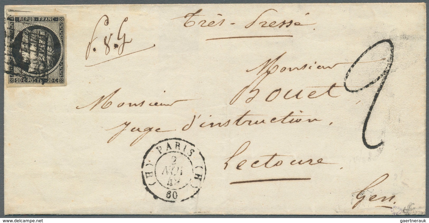 13558 Frankreich: 1849, 20c. Black, Fresh Colour, Full To Large Margins With Parts Of Upper Adjoining Stam - Gebraucht