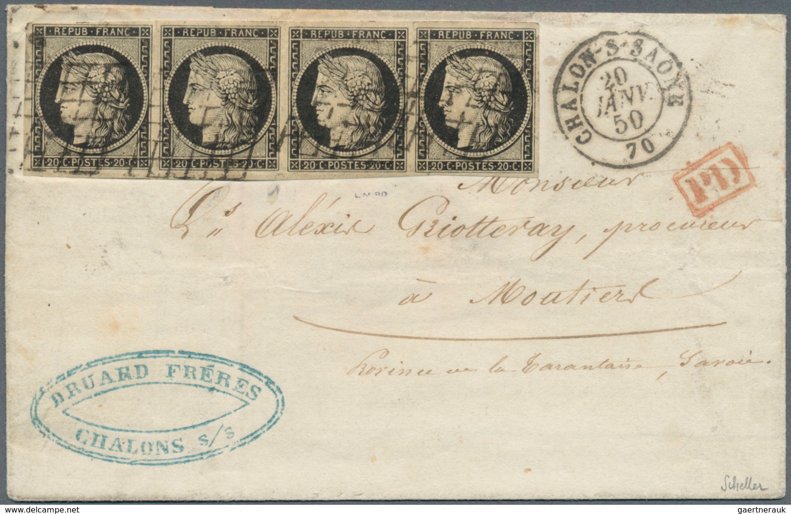 13568 Frankreich: 1850: 30 C. Ceres Black, Horizontal Strip Of Four With Good Margins On Folded Letter Fro - Oblitérés