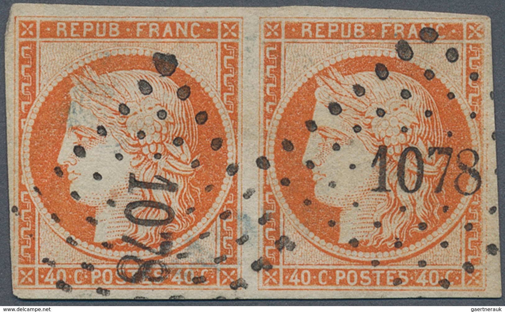 13571 Frankreich: 1850, Ceres 40 C. Orange, Horizontal Pair Tied By PC ''1078'', Good Margins, Signed. Miche - Oblitérés