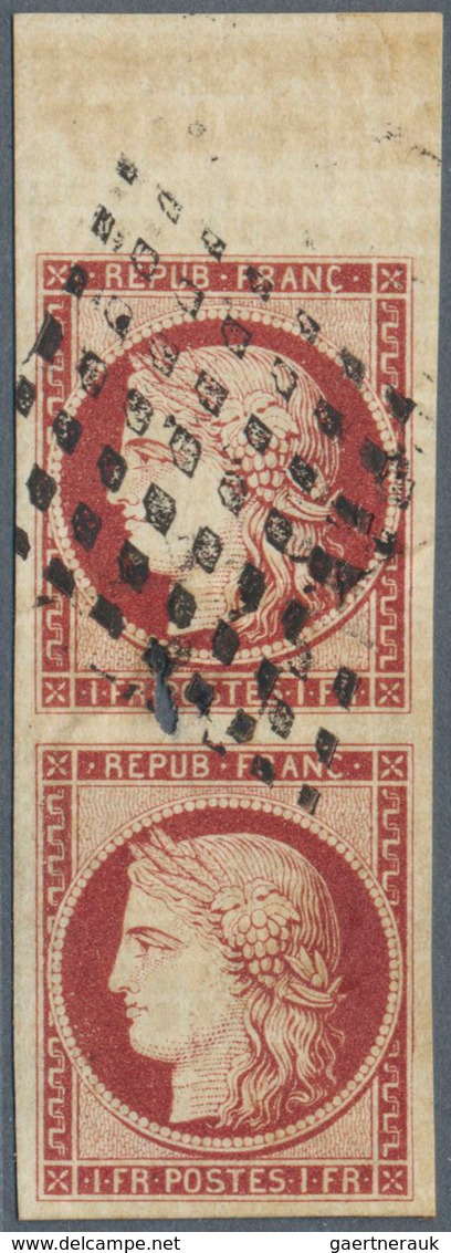 13575 Frankreich: 1849, 1fr. Carmine, Top Marginal Vertical Pair (faulty), Bearing Proof Strike Of Black 4 - Gebraucht