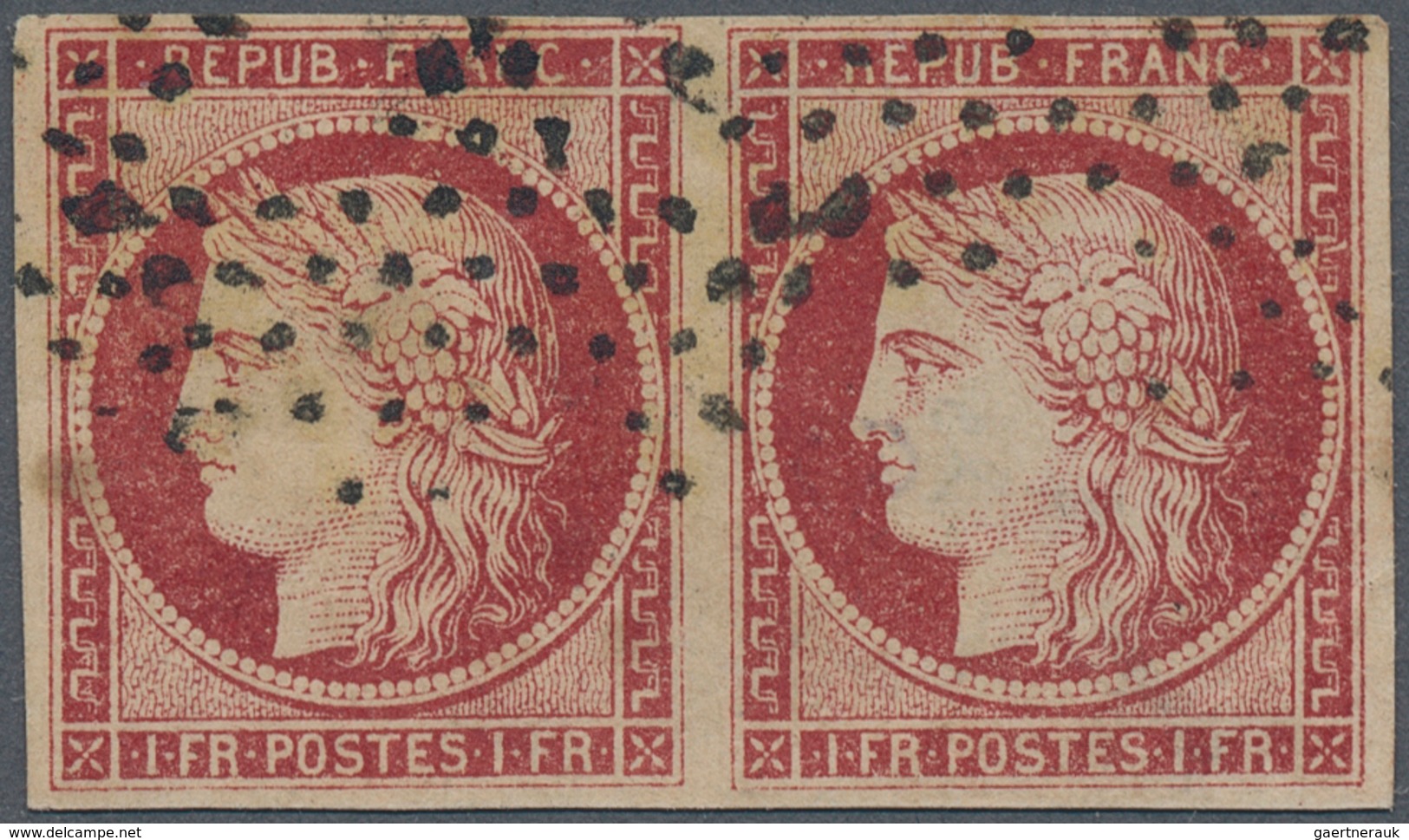 13577 Frankreich: 1849, Ceres 1 Fr. Karmin "Repub. Franc." Auf Gelblichem Papier, Gestempelte SPERATI-Fäls - Gebraucht