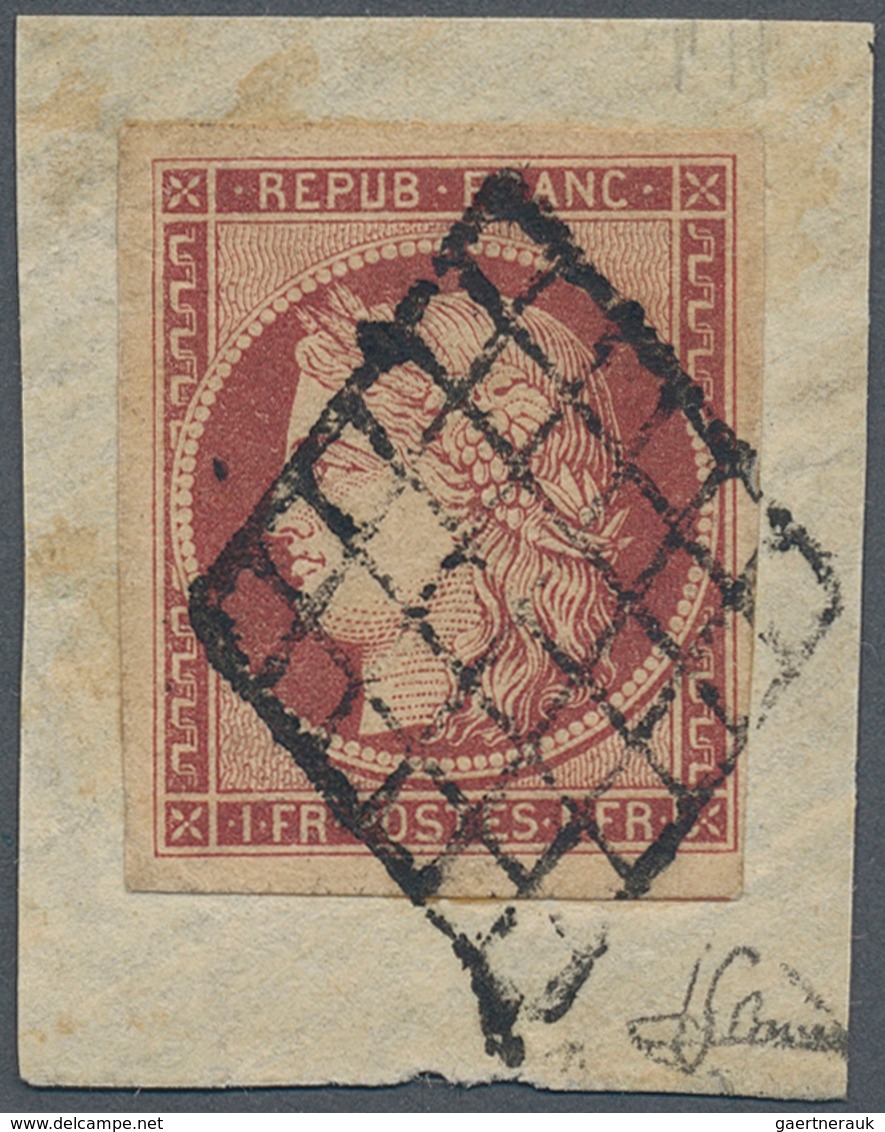 13580 Frankreich: 1850, Ceres 1 Fr. Dark Carmine "carmin Foncé", Stamp On Cut Square Of Cover Tied By Rhom - Oblitérés