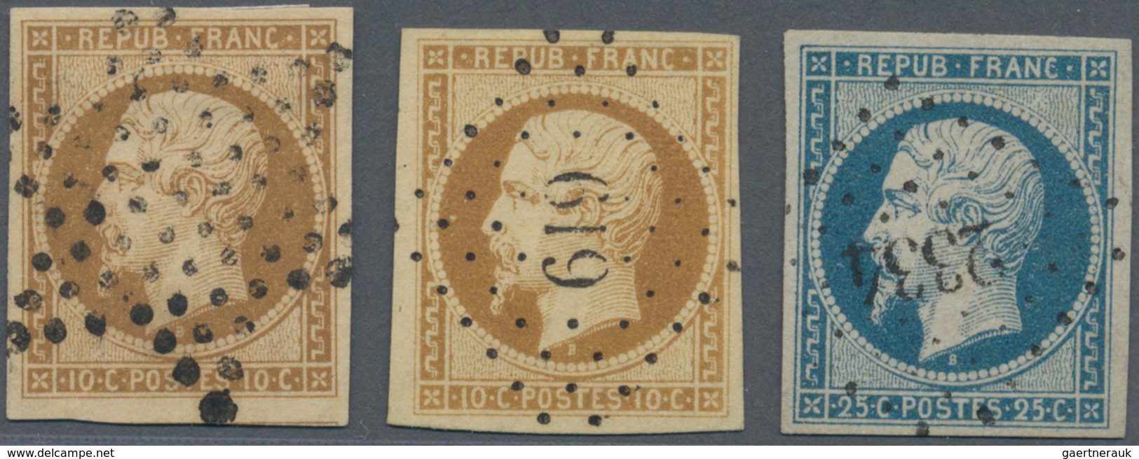 13584 Frankreich: 1852, 10 C Yellow-brown Napoleon, 2 Stamps With Full To Large Margins, One With Dotted S - Gebraucht