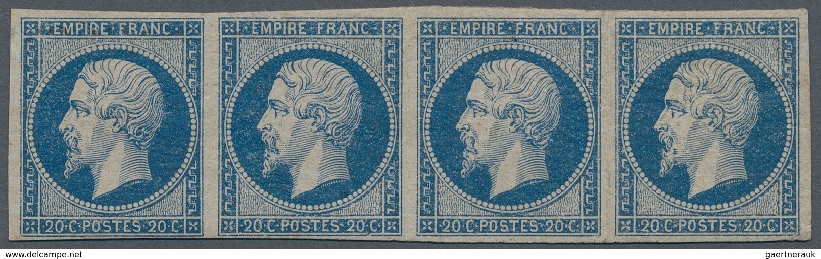 13592 Frankreich: 1853, Napoléon 20 C. Blue, Unused Horizontal Strip Of 4 Small Shortages On Reverse. (Yve - Gebraucht