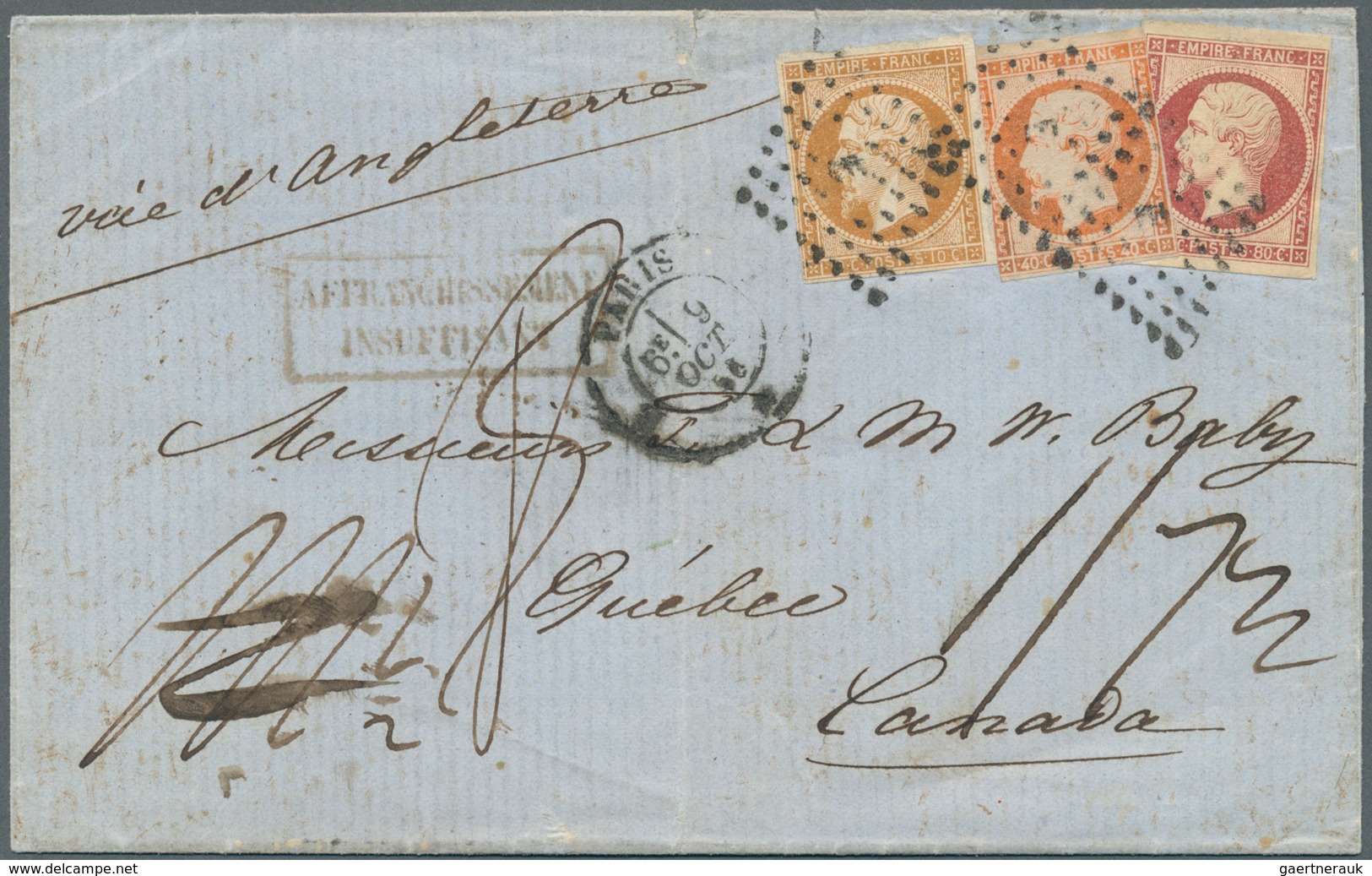 13593 Frankreich: 1856, Folded Letter Franked With 10c, 40 C And 80 C Imperforate Napoleon Issue (usual Ma - Oblitérés