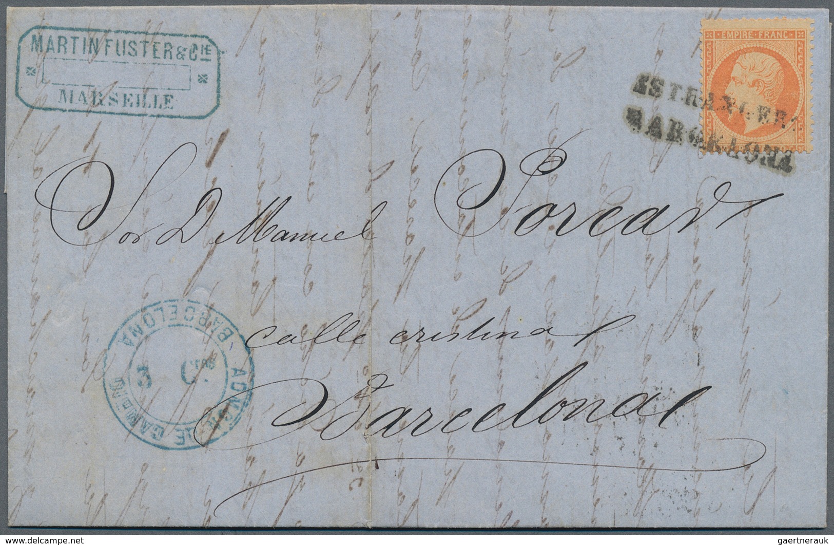 13594A Frankreich: 1868: 40 Cts Orange On Letter From MARSEILLE To Barcelona, Tied By L2 "ESTRANGERO/BARCEL - Gebraucht