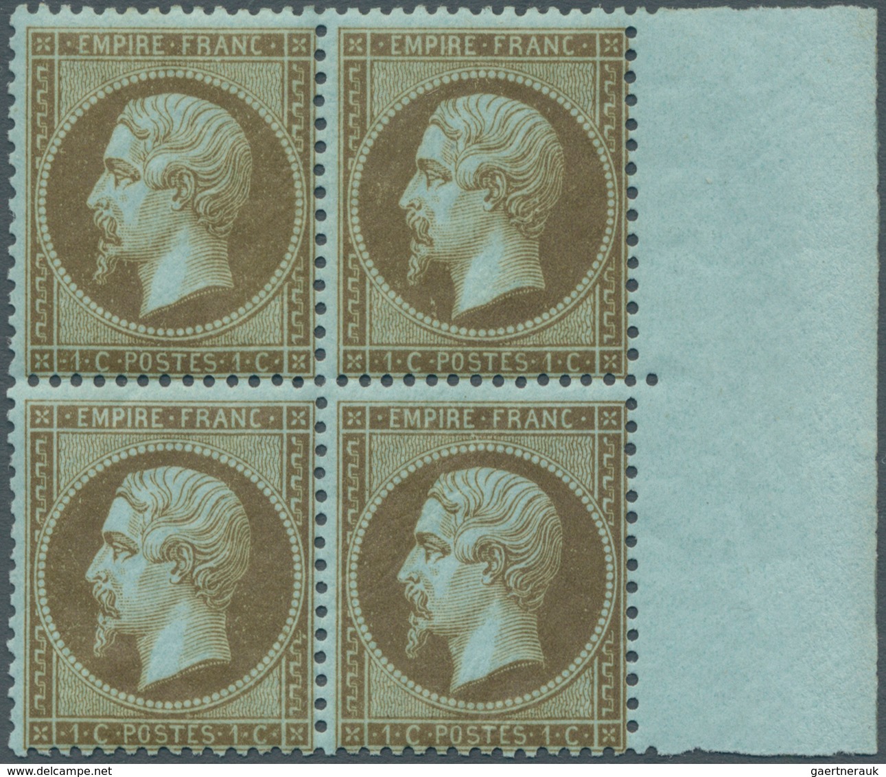 13597 Frankreich: 1862, 1 C Golden Brown (mordoré) On Bluish Napoleon, Block Of 4 From Right Margin, VF MN - Gebraucht