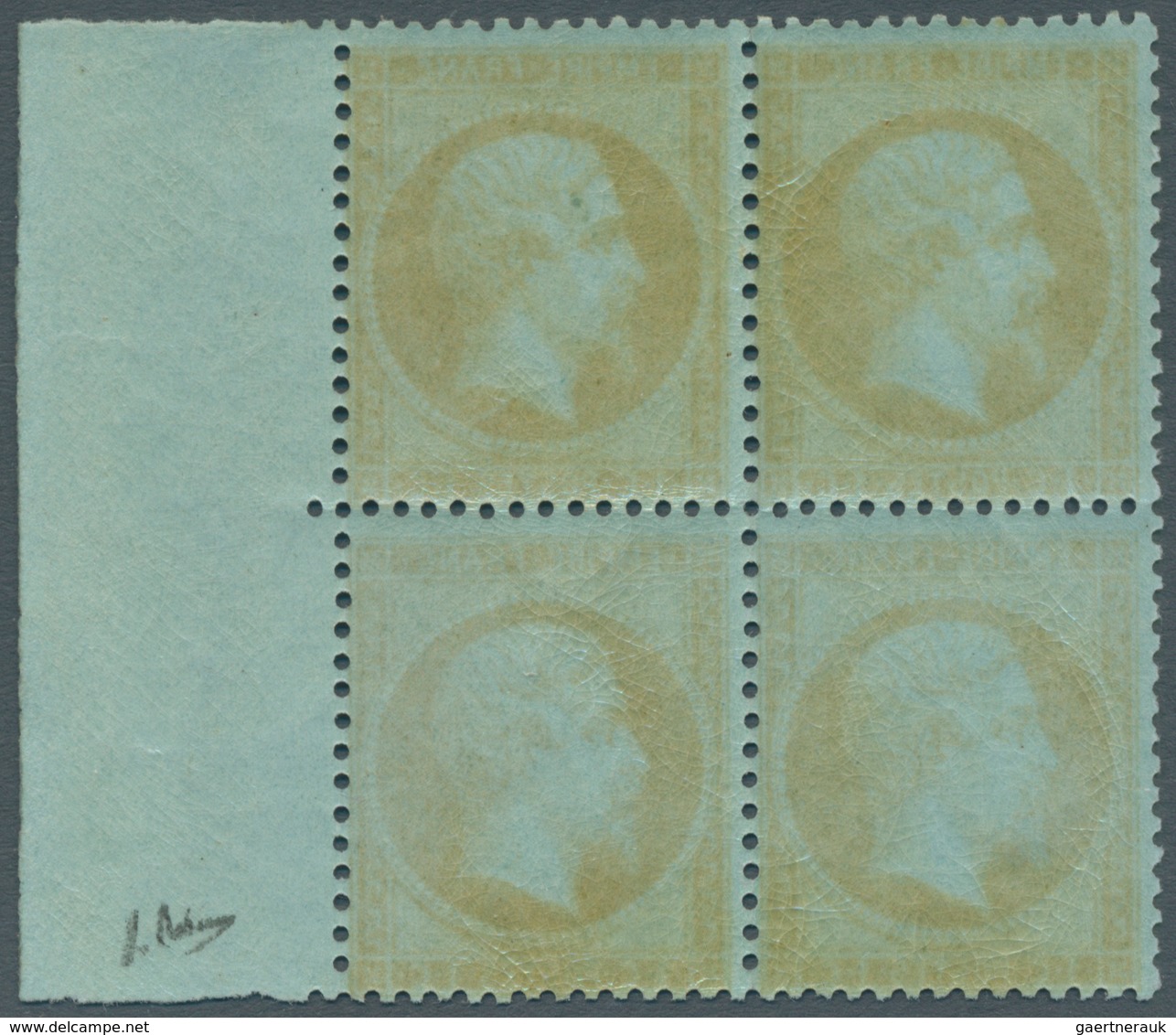 13597 Frankreich: 1862, 1 C Golden Brown (mordoré) On Bluish Napoleon, Block Of 4 From Right Margin, VF MN - Gebraucht