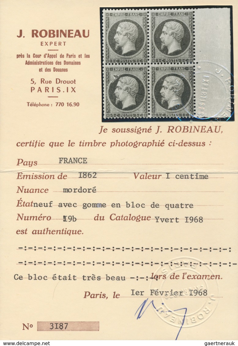 13597 Frankreich: 1862, 1 C Golden Brown (mordoré) On Bluish Napoleon, Block Of 4 From Right Margin, VF MN - Gebraucht