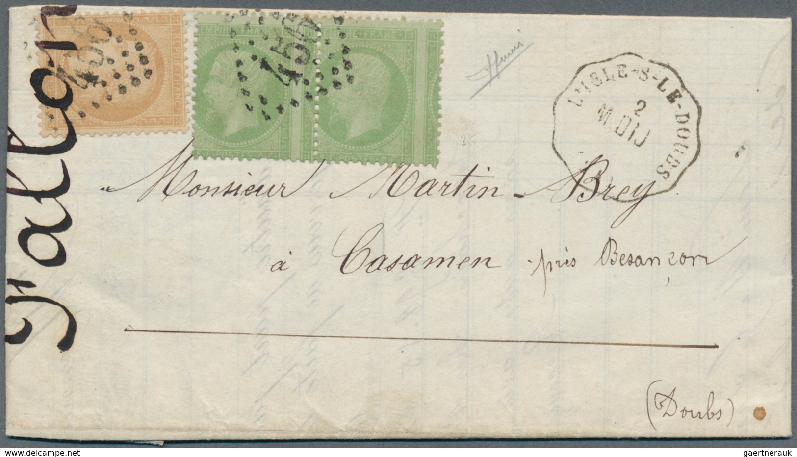 13600 Frankreich: 1862/1870, Napoléon 5 C. Green, Horizontal Pair With Strongly Shifted Perforation And Ce - Oblitérés