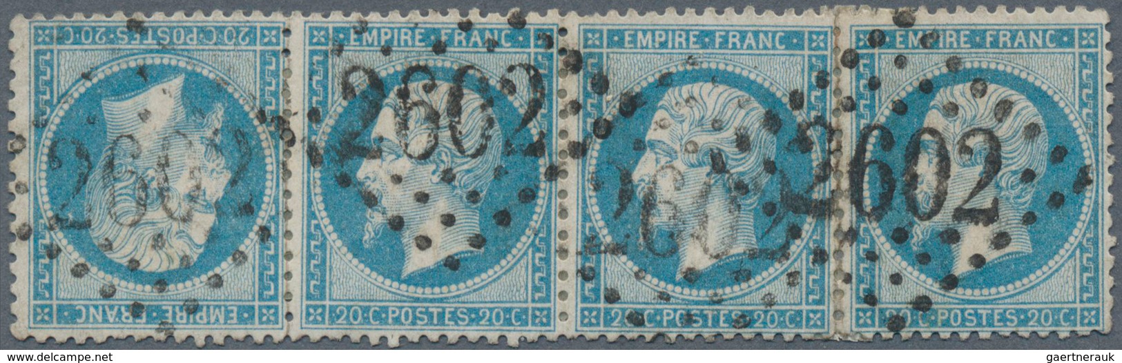 13602 Frankreich: 1862, 20c. Blue "Empire Dentele", Tête-bêche Pair Within A Strip Of Four (slightly Folde - Oblitérés