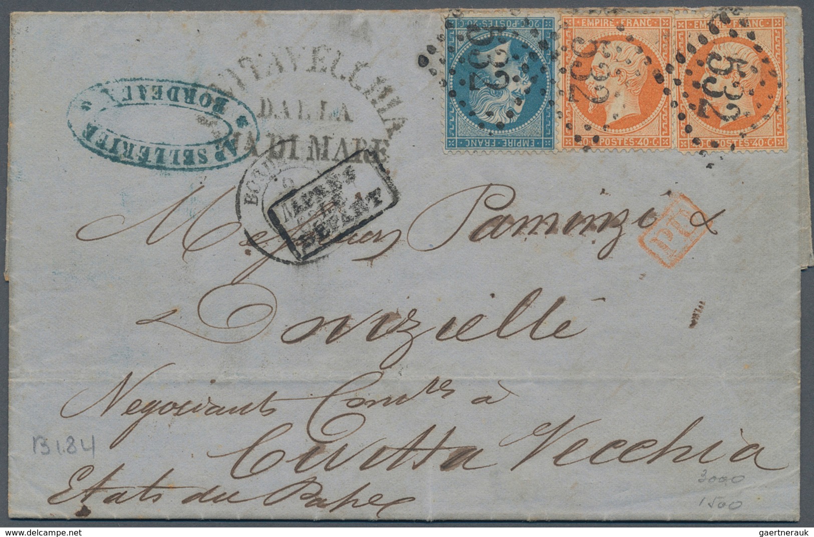 13605 Frankreich: 1863, Napoléon Two 40 C. Red-orange And One 20 C. Blue Tied By GC "532 Cancel To Folded - Oblitérés