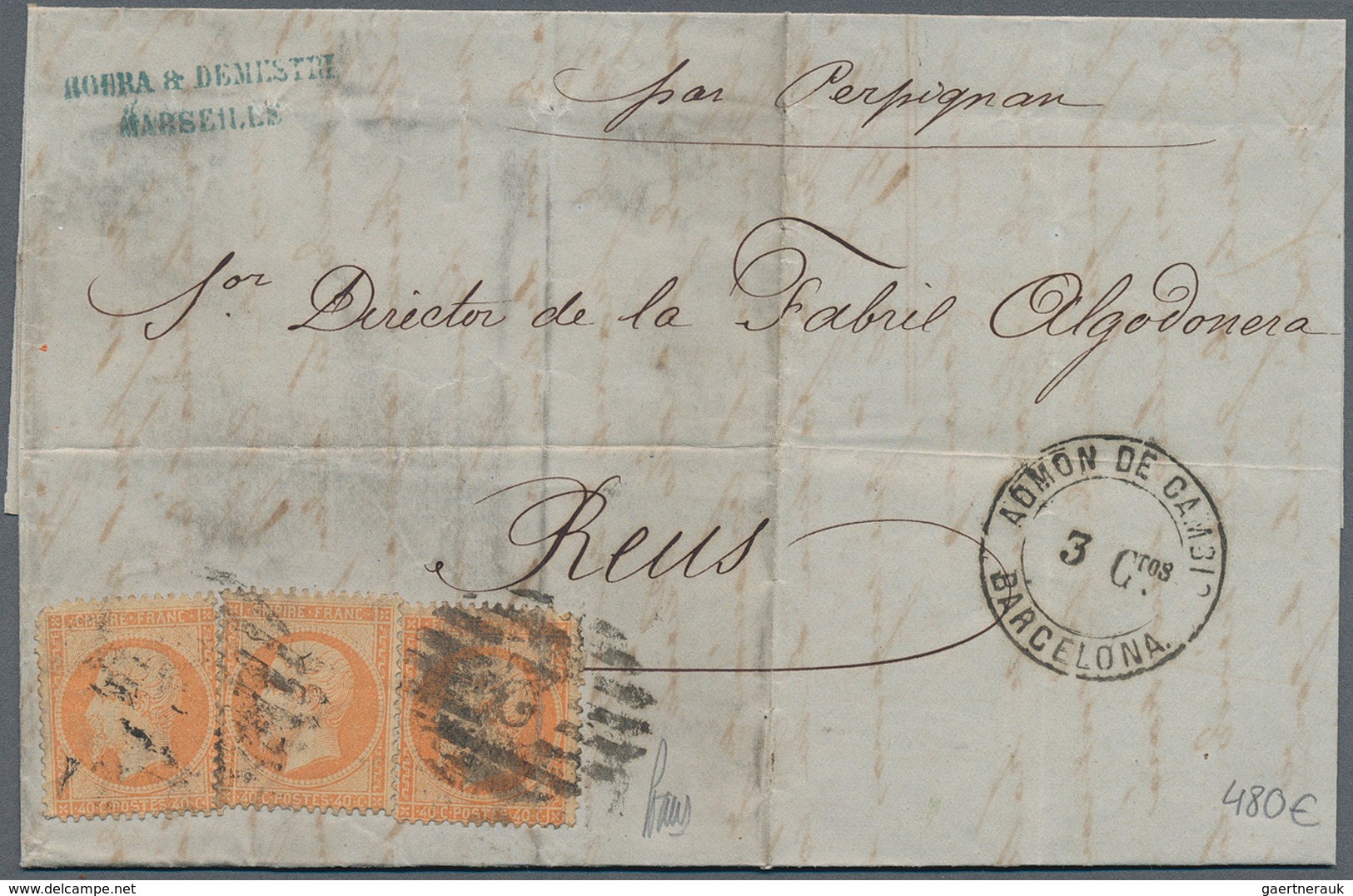 13605A Frankreich: 1864: 40 Cts Orange, Three Stamps, On Letter From Marseilles To Reus, Spain, Tied By Num - Gebraucht