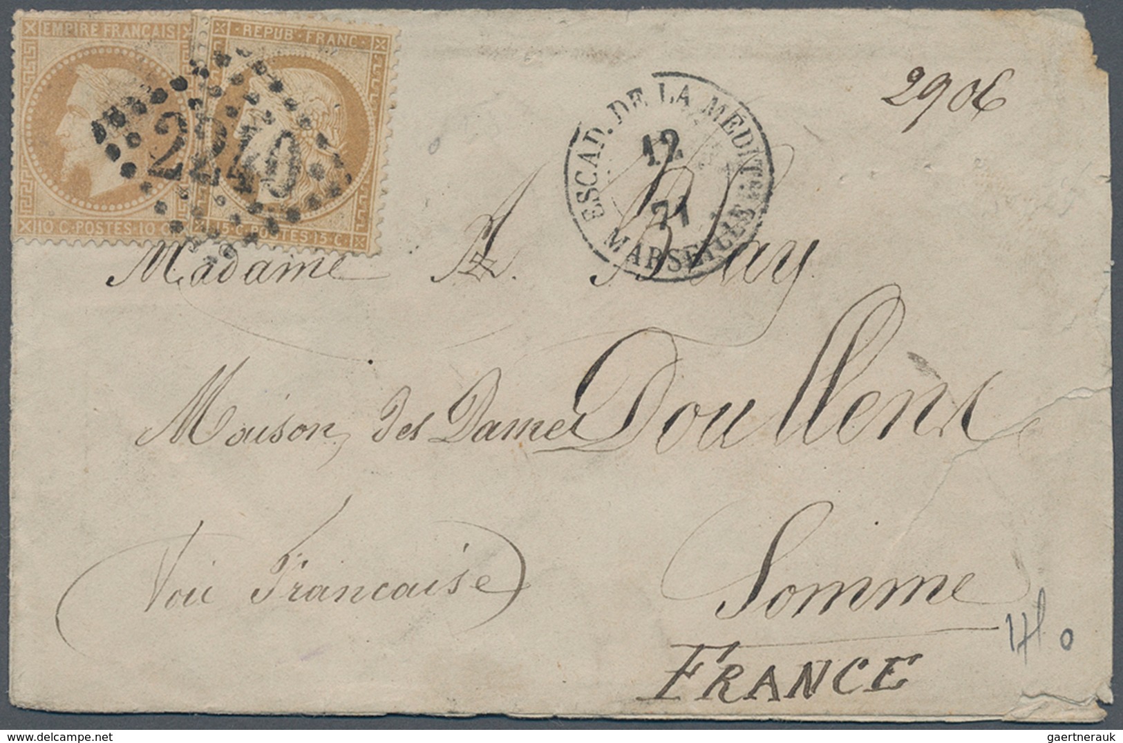 13615 Frankreich: 1871, 10c. Bistre "laure" And 10c. Siege On Envelope, Clearly Oblit. By GC "2240" And C. - Gebraucht