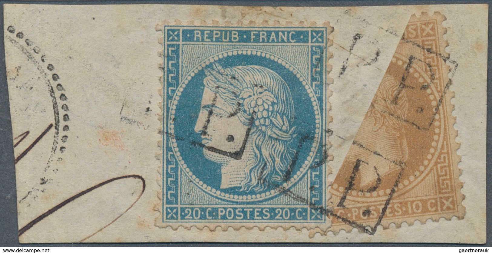 13616 Frankreich: 1863/1871, 10 C Yellow-brown Napoleon, Diagonally Bisected, Together With 20 C Blue Cere - Gebraucht