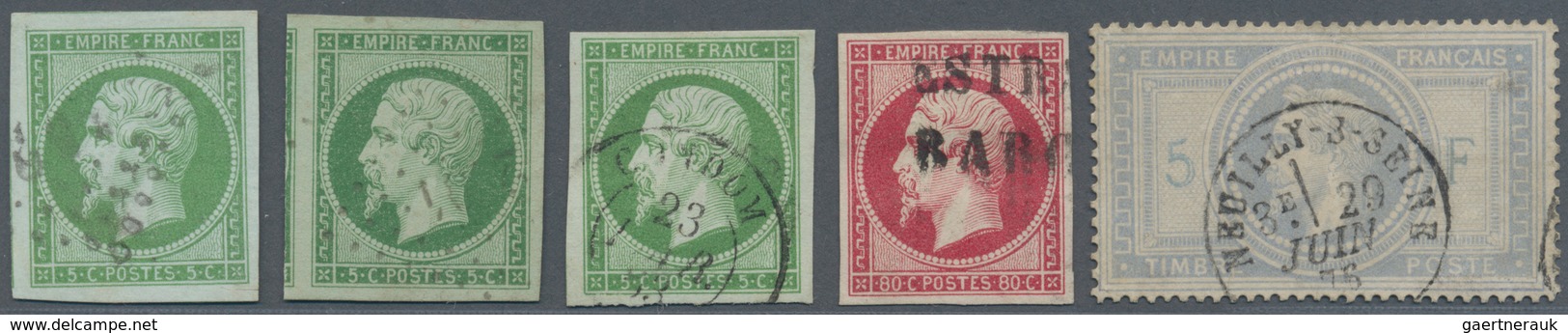 13628 Frankreich: 1853/1869, Group With 5 Stamps, Comprising 3 X 5 C Green Napoleon, Each VF/XF Used With - Gebraucht