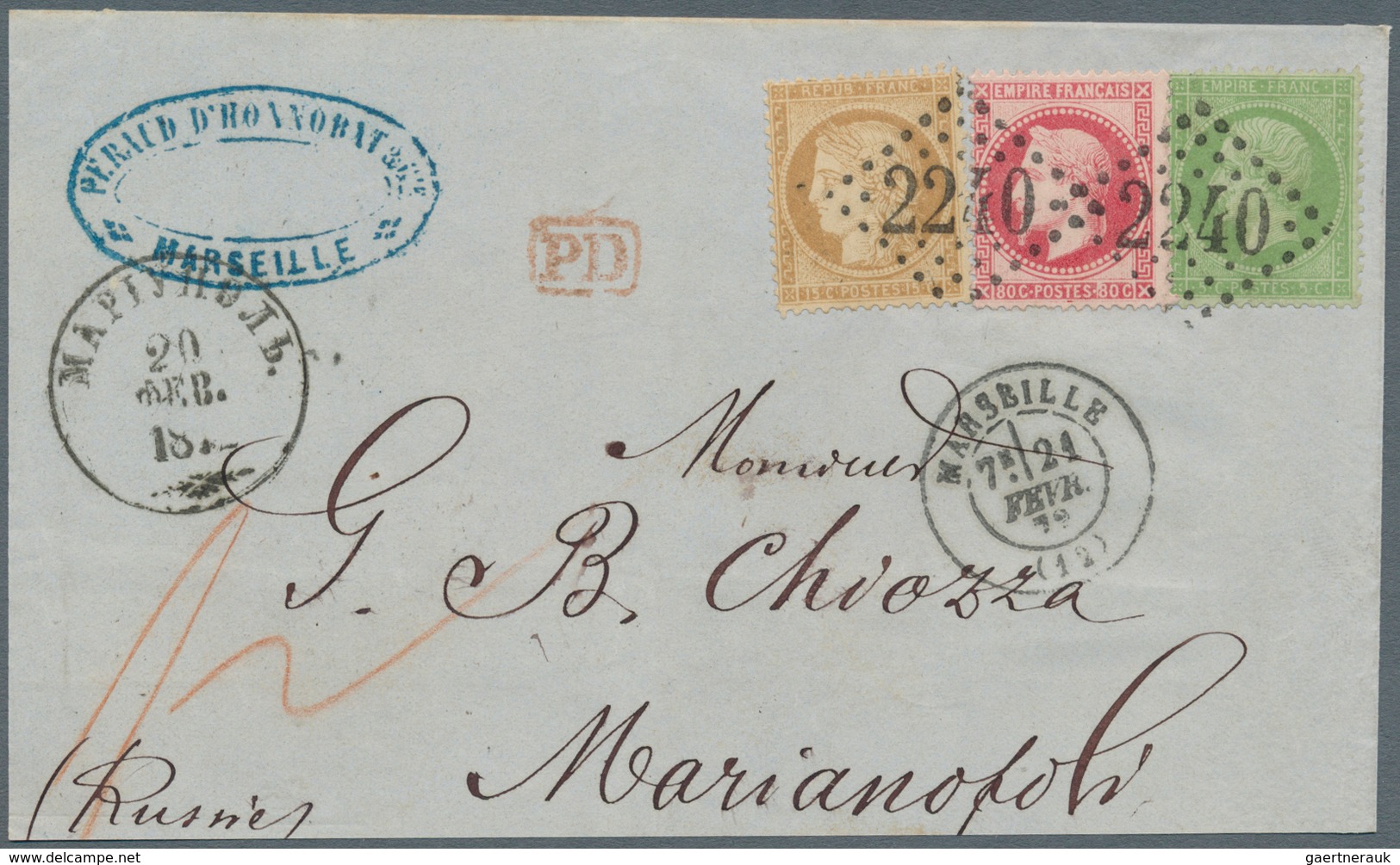 13633 Frankreich: 1872, Three Issues Franking Ceres-Napoleon Tied Lozange-chiffre "2240" To Large Part Of - Gebraucht