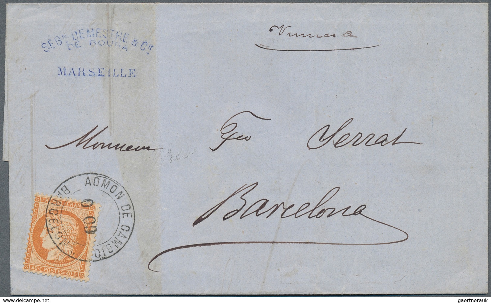 13639A Frankreich: 1875: 40 Cts Orange On Letter From Marseille To Barcelona, Tied By "ADMON DE CAMBIO / 00 - Gebraucht