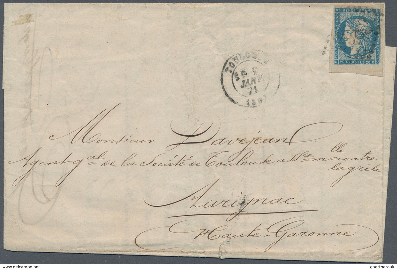 13645 Frankreich: 1871, 25 C. Cérès Blue,on Cover With GC "3982" And Date Cancellation "Toulouse 8 JANV 71 - Gebraucht