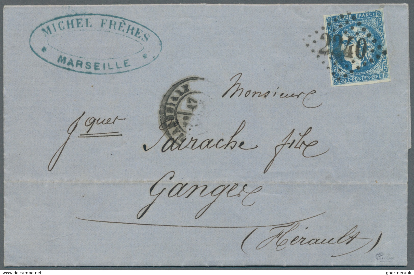 13646 Frankreich: 1871, Bordeaux Issue, 20c. Blue, POSTAL FORGERY (FAUX DE MARSEILLE), Single Franking On - Gebraucht