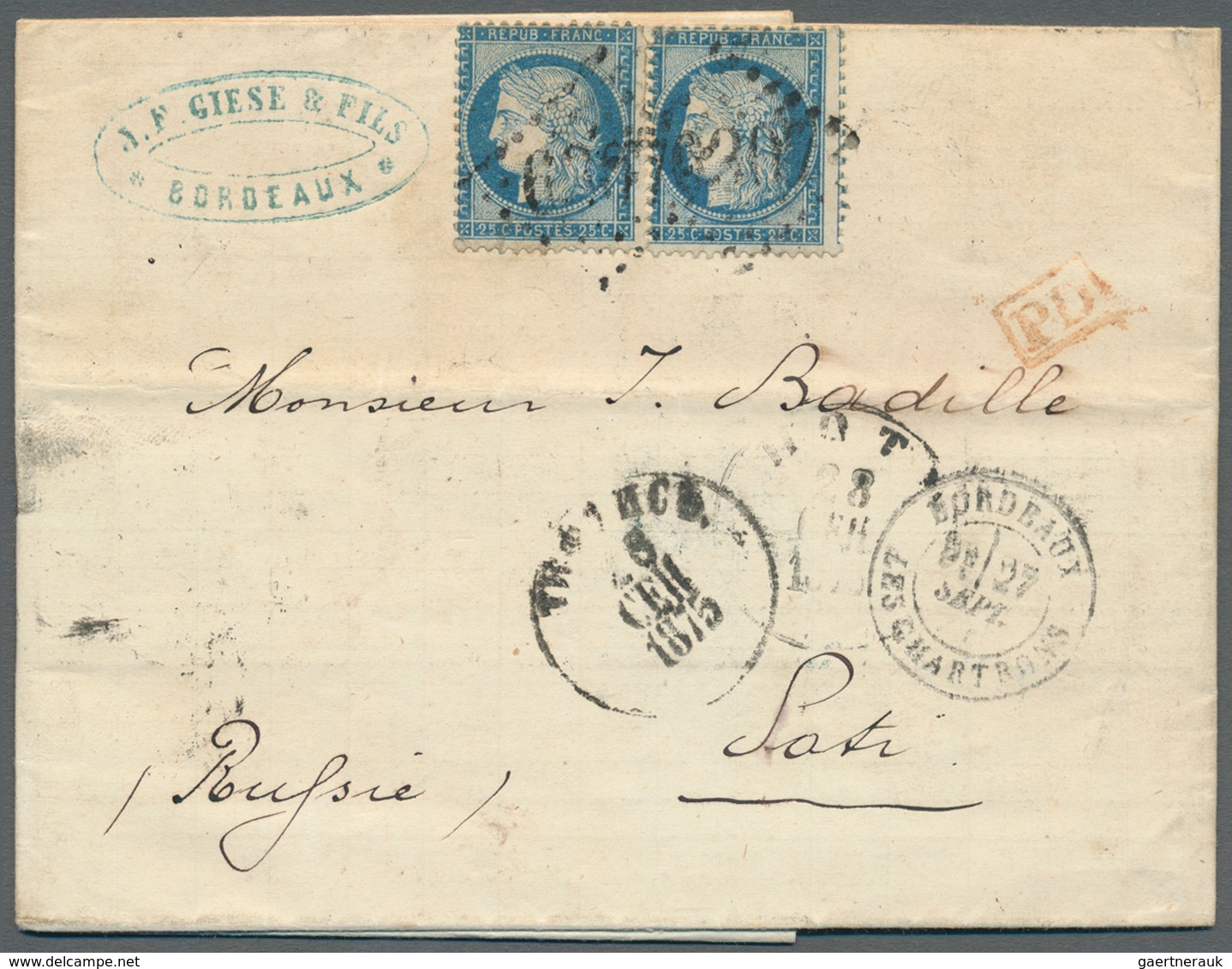 13654 Frankreich: 1875, Folded Letter With Horizontal Pair Of Perforated 25 C Ceres From Bordeaux To POTI - Gebraucht