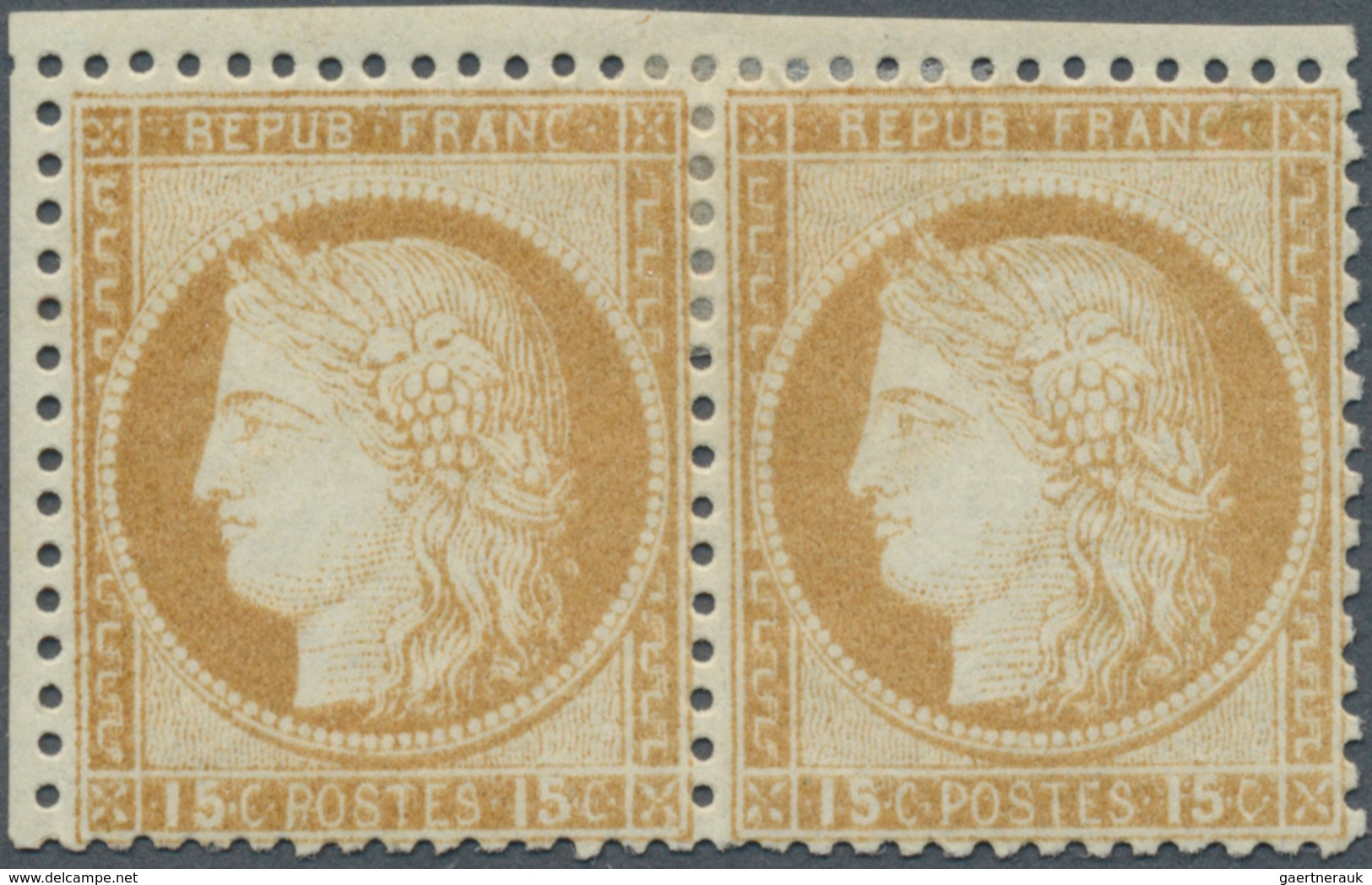 13655 Frankreich: 1873, 15c. Bistre, Horiz. Pair From The Upper Left Corner Of The Sheet (trimmed Margins) - Gebraucht