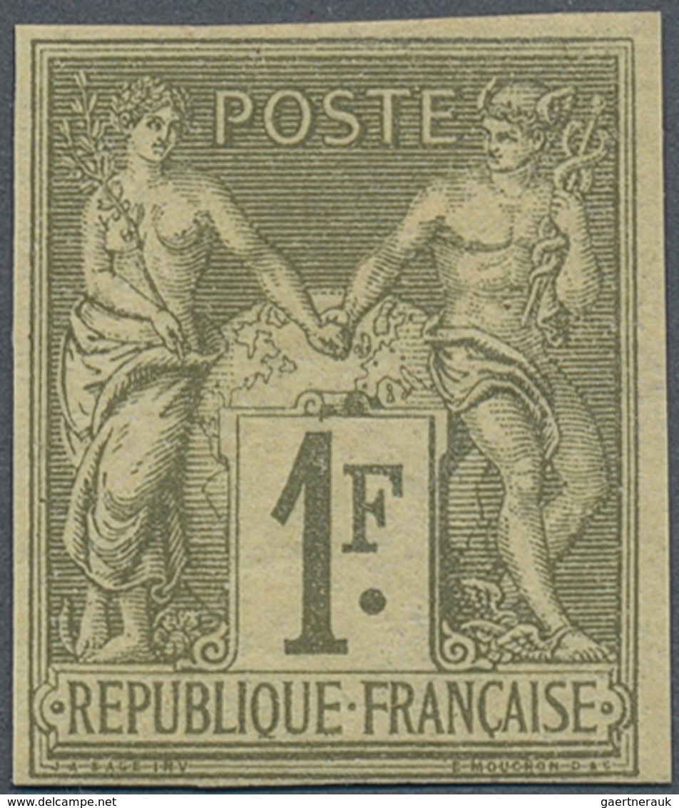 13664 Frankreich: 1876, 1 Fr. Olive On Light Yellow Allegory Type II, Unused With Hinge And Imperferated. - Gebraucht