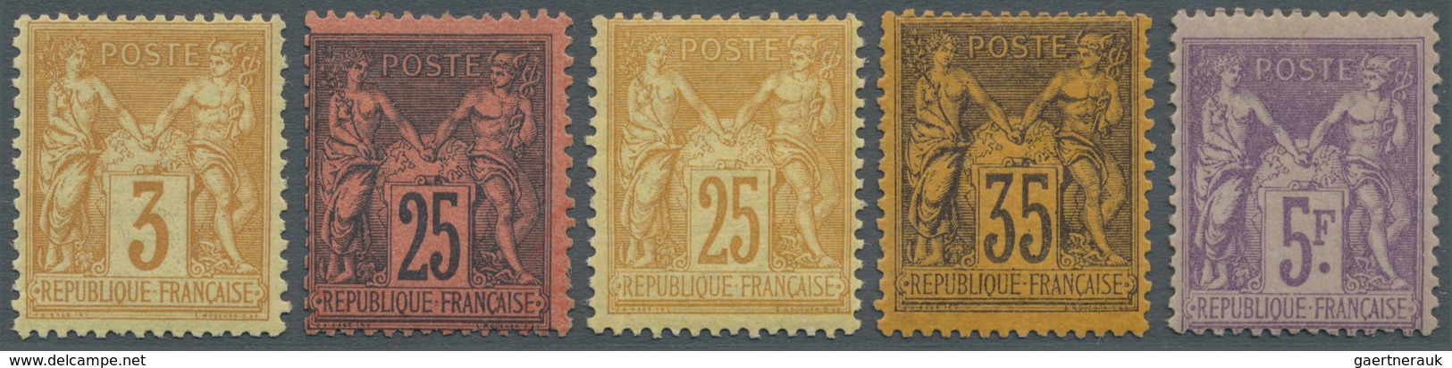 13665 Frankreich: 1877/1879, Allegorie Fünf Verschiedene Werte U.a. 3 C. Gelbbraun Auf Gelblich, 25 C. Sch - Gebraucht