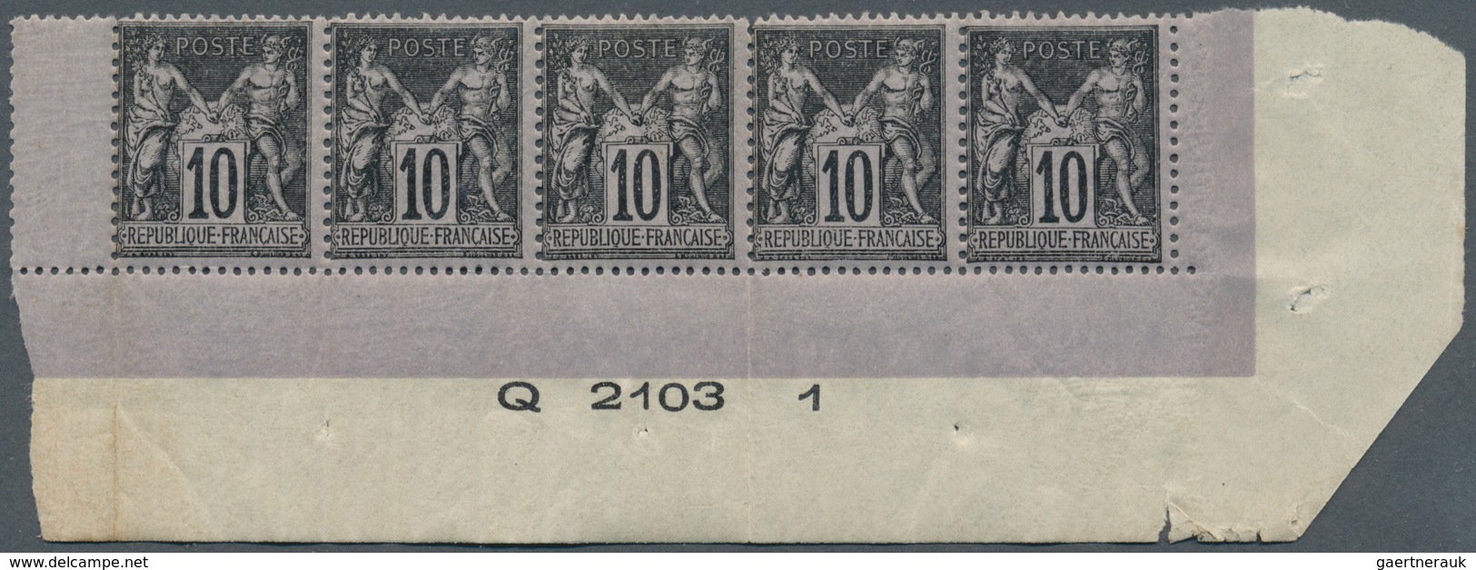 13667 Frankreich: 1898 "Sage" 10 C. Schwarz/lila In Type I Im Waag. Unterrand-5er-Streifen Mit Bogenrand R - Gebraucht