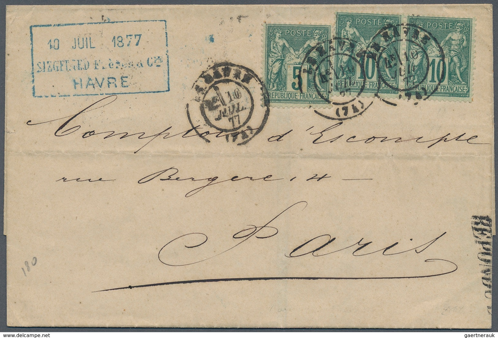 13669 Frankreich: 1877, 10 C. Allegory Green Type II, As Horizontal Pair And 5 C. Green On Cover From Le H - Gebraucht