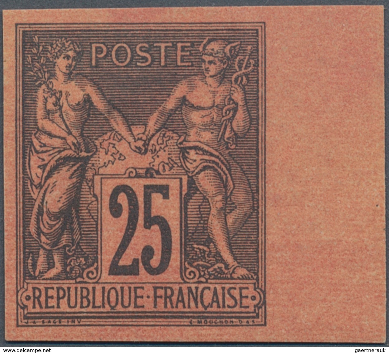 13672 Frankreich: 1878, 25 C. Allegory Black To Red Unused Without Gum, With Right Sheet Margin And Imperf - Gebraucht