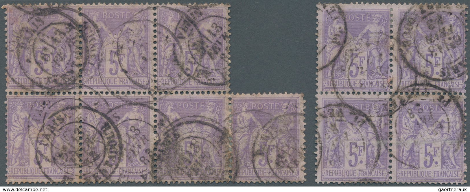 13674 Frankreich: 1877, Allegorie 5 Franc Violet On Light-lilac One Block Of Seven And Ond Block Of Four, - Gebraucht