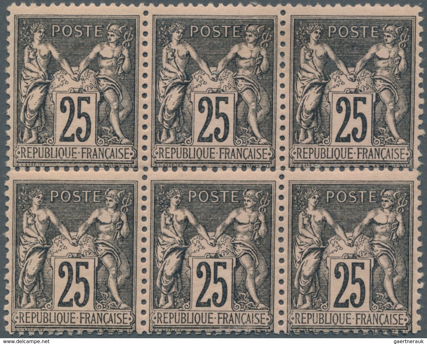 13676 Frankreich: 1886, Allegorie 25 C Black On Lilac-rose In Fresh And Mint Block Of Six, Four Values LH, - Gebraucht