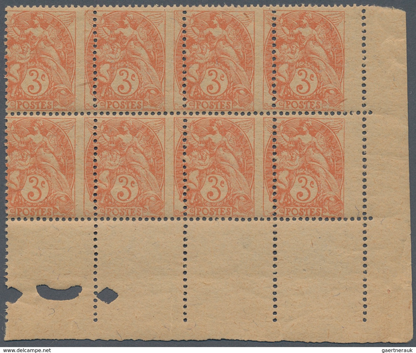13678 Frankreich: 1900, 3 C. Red Orange "Blanc" On Gray GC Paper, Mint Never Hinged Block Of 8 With Mispla - Gebraucht