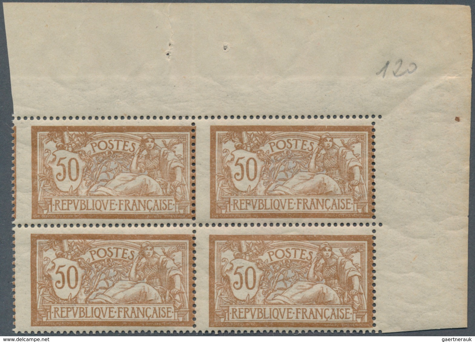 13684 Frankreich: 1900, 50 C. Merson Brown On GC Paper, Bloc Of 4 Upper Right Corner Mint Never Hinged Sup - Gebraucht