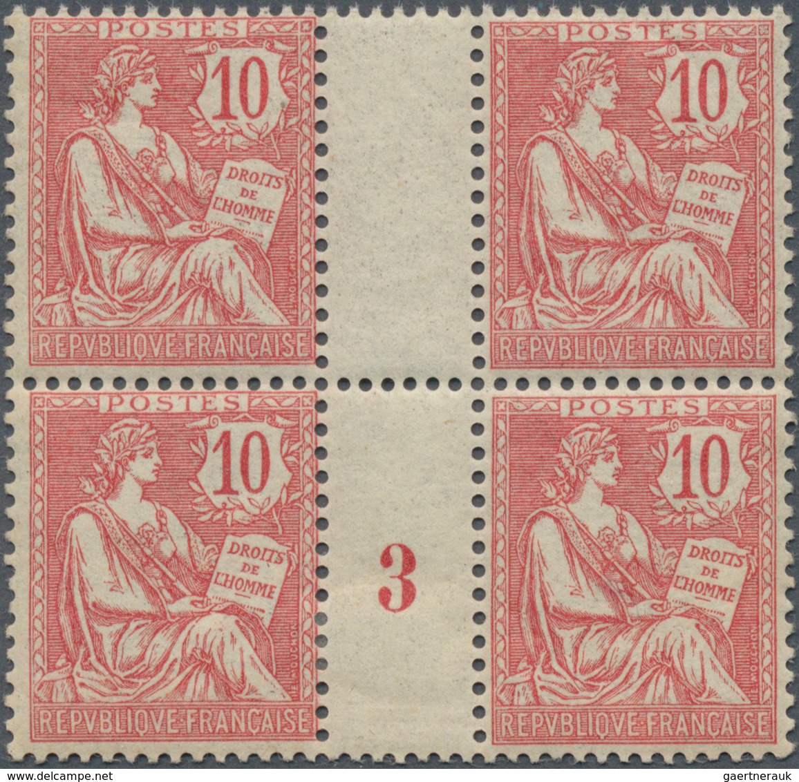 13688A Frankreich: 1903, 10c. Red "Mouchon", Gutter Block Of Four, Lower Pair With Millesime "3", This Pair - Gebraucht