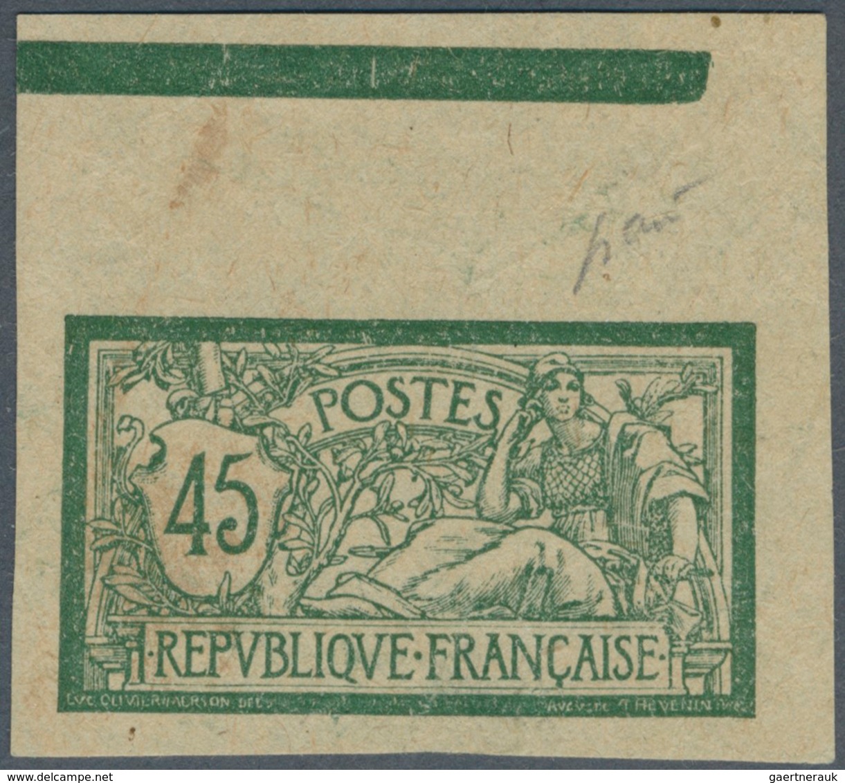13696 Frankreich: 1906. Imperforate "Merson 45c", Printed Double: One Side Normal Print With Top Margin, T - Gebraucht