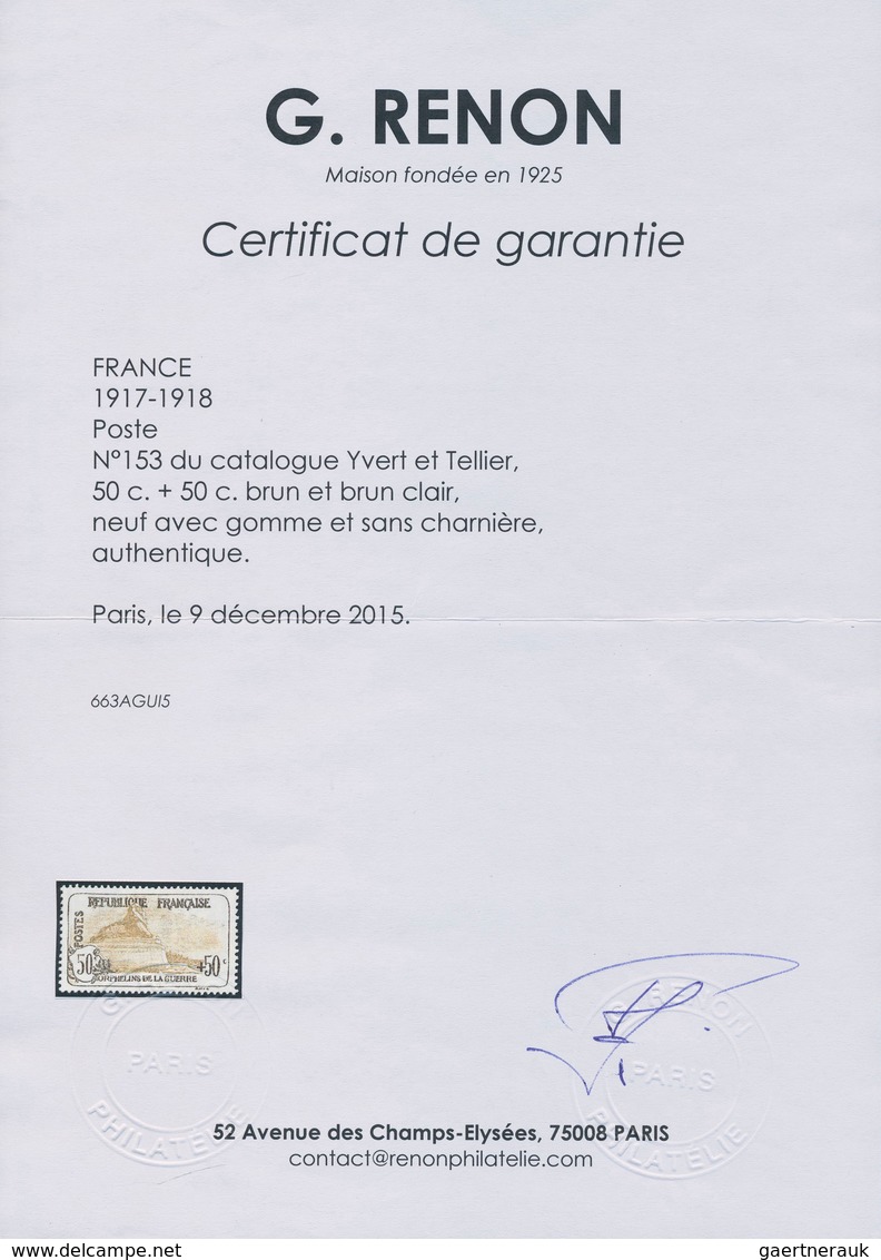 13701 Frankreich: 1917, "war Orphans" 50 + 50 C. Dark Brown / Yellow Brown, Mint Never Hinged, Certificate - Gebraucht
