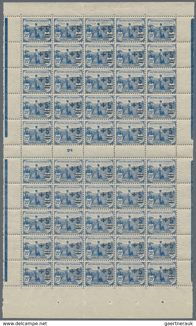 13711 Frankreich: 1922, War Orphans, 25c. + 5c. Blue, Gutter Pane Of 50 Stamps (vertical Fold) Incl. Mille - Gebraucht