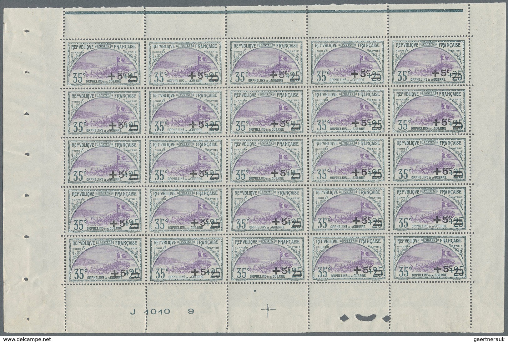 13712 Frankreich: 1922, War Orphans, 35c. + 5c. Slate/violet, Pane Of 25 Stamps, Unmounted Mint. Maury 166 - Gebraucht