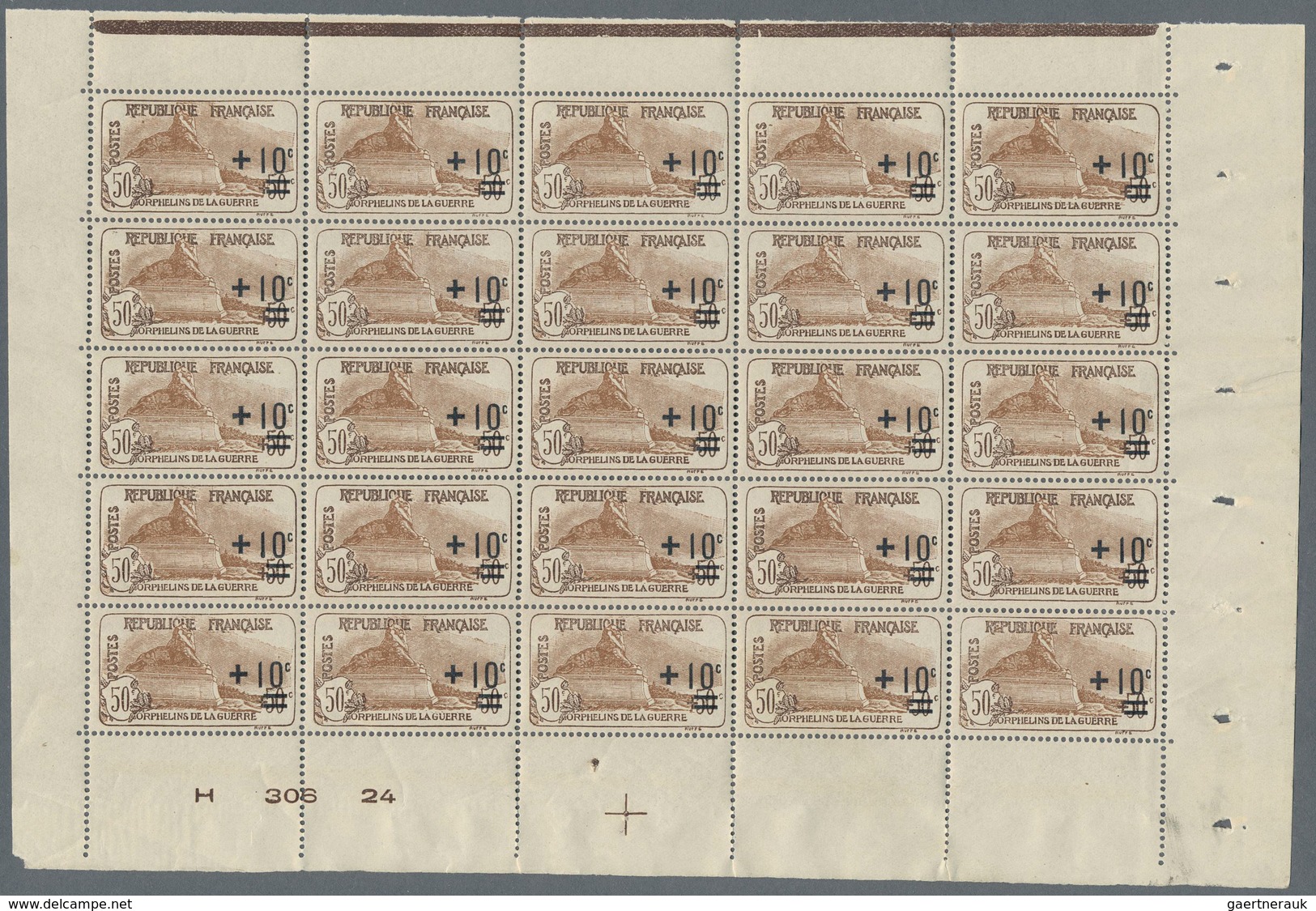 13713 Frankreich: 1922, War Orphans, 50c. + 10c. Brown, Pane Of 25 Stamps, Unmounted Mint. Maury 167, 1.50 - Gebraucht