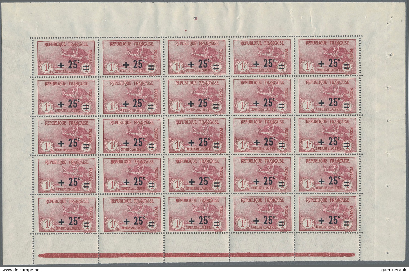 13714 Frankreich: 1922, War Orphans, 1fr. + 25c. Carmine, Pane Of 25 Stamps, Unmounted Mint. Maury 168, 1. - Gebraucht