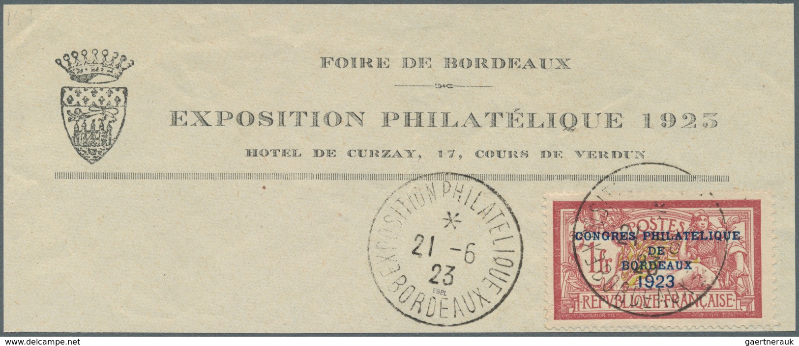 13718 Frankreich: 1923, 1 Fr. BORDEUAX, Perfektes Zentriertes Luxus-Briefstück "EXPOSITION PHILATÉLIQUE 19 - Gebraucht
