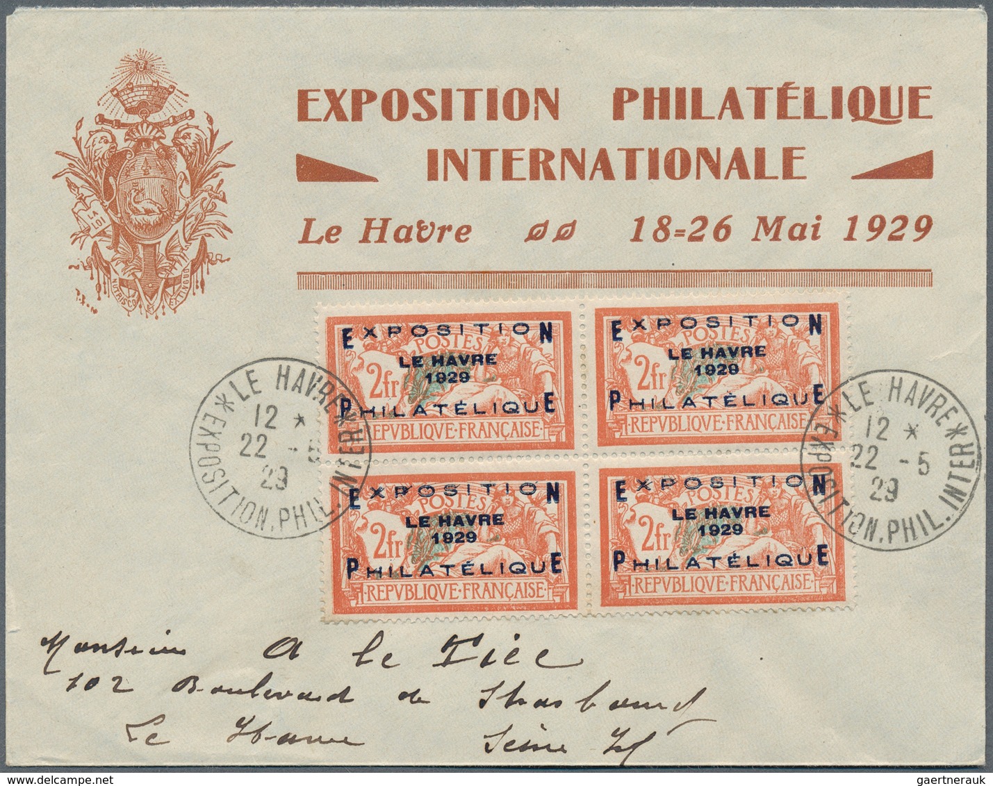 13735 Frankreich: 1929, 2 Fr (+ 5 Fr) Exposition Philatelique Le Havre, Block Of 4 On Locally Addressed Il - Gebraucht