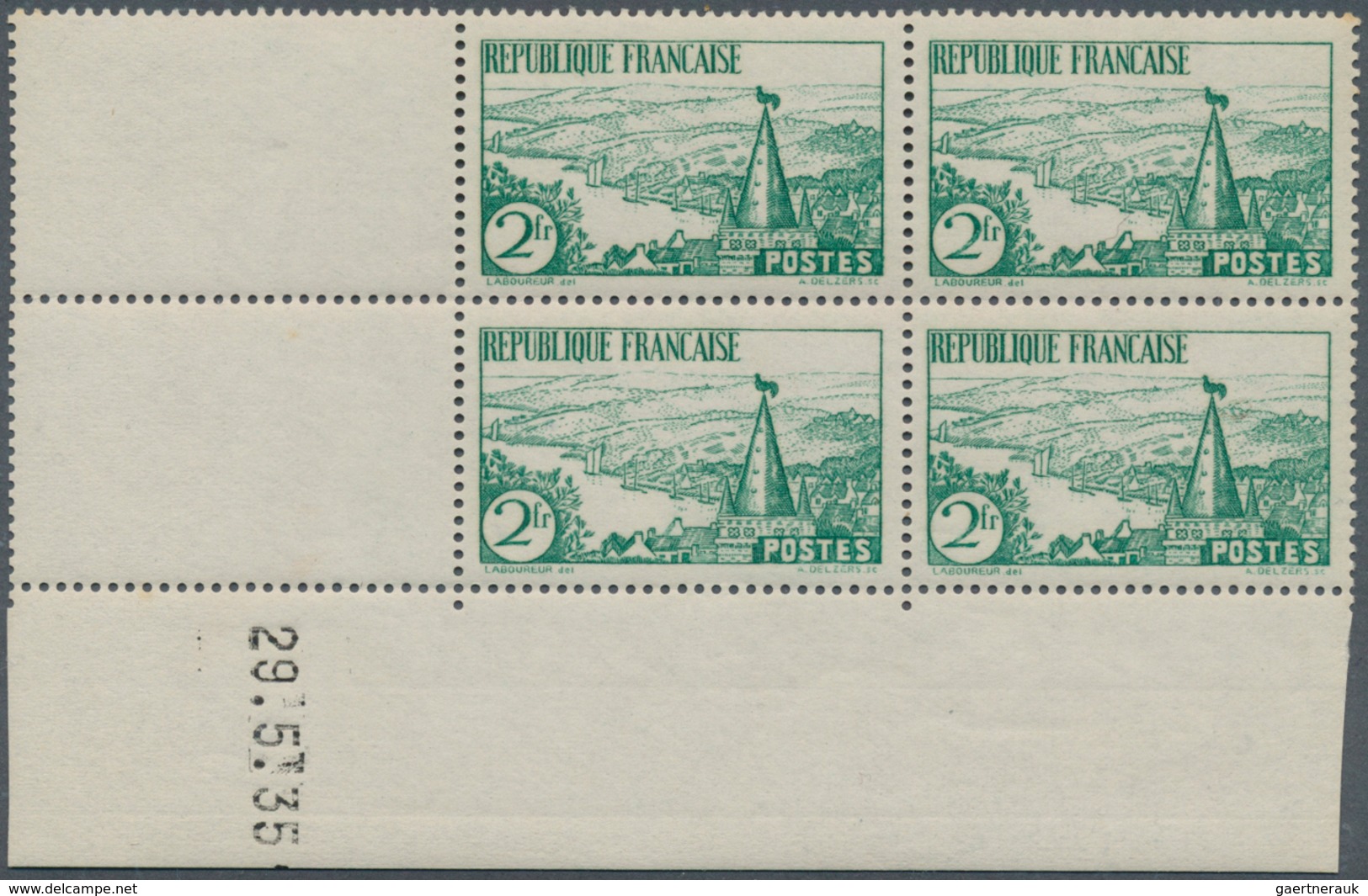 13754 Frankreich: 1935, 2fr. "Breton Riverside", Two Marginal Block Of Four From The Lower Left Corner Of - Gebraucht