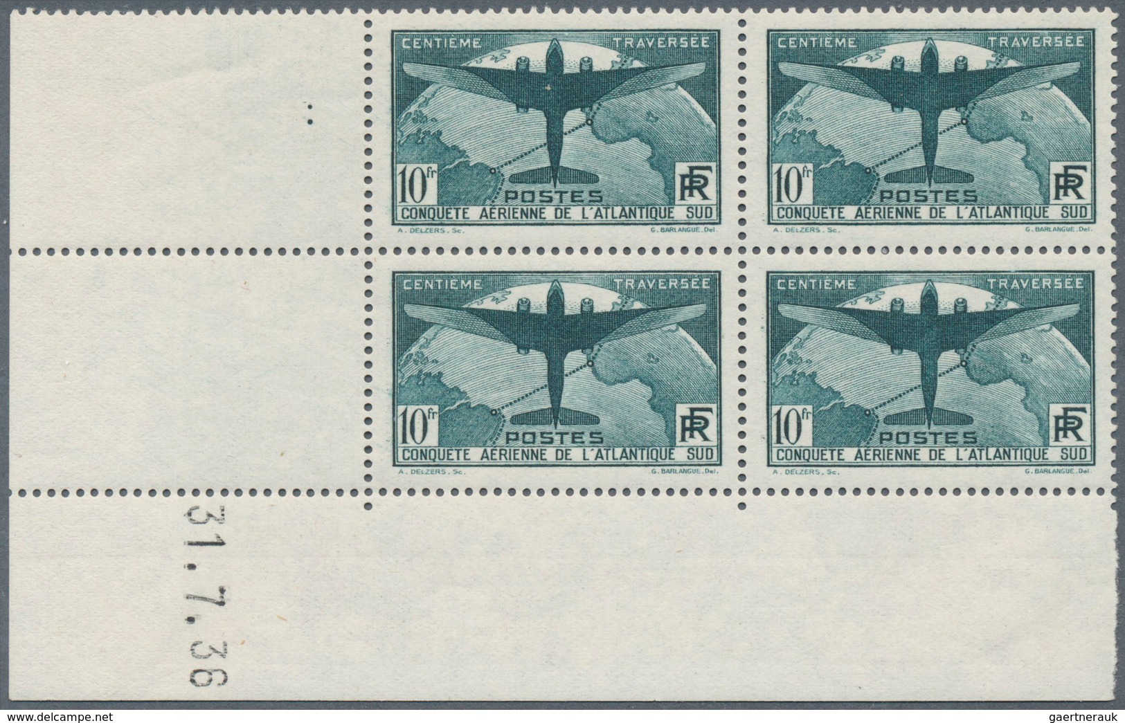 13765 Frankreich: 1936, France. Corner Block Of 4 For The 10fr Stamp Of The Set "100th Air Mail Flight Acr - Gebraucht