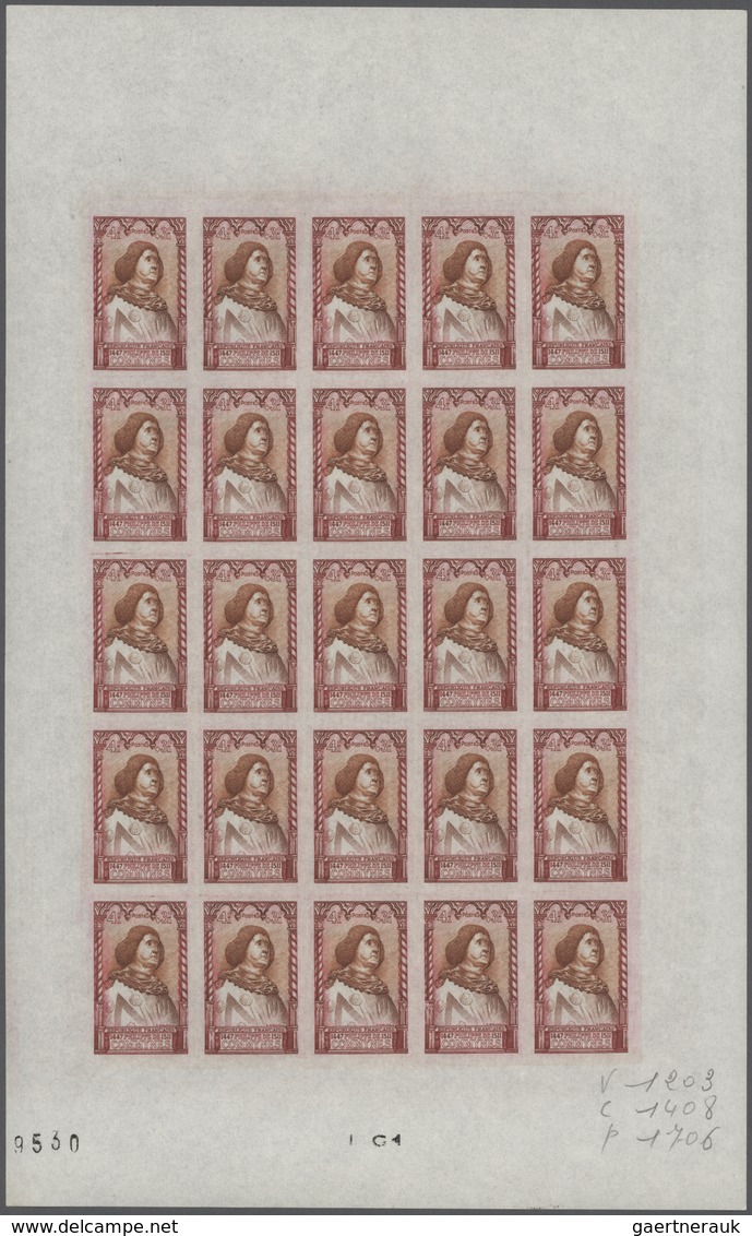 13782 Frankreich: 1946. Set Of 2 Different Color Proof Sheets Of 25 For The 4fr+3fr Value Of The Issue "Pe - Oblitérés