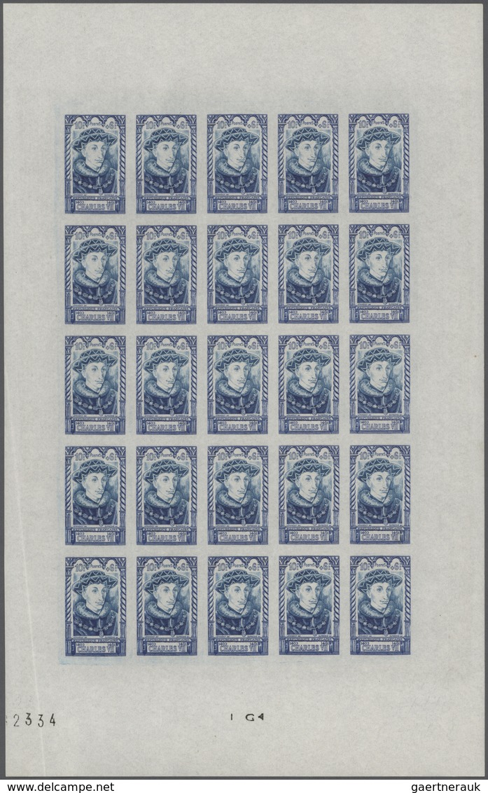 13785 Frankreich: 1946. Set Of 2 Different Color Proof Sheets Of 25 For The 10fr+6fr Value Of The Issue "P - Oblitérés